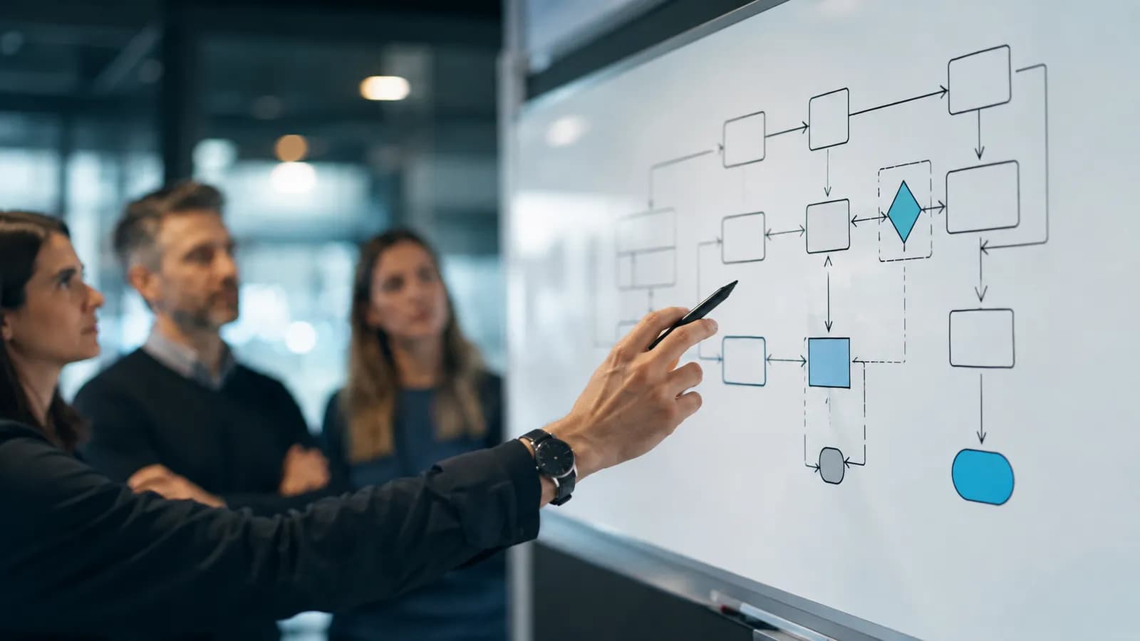 Team an einem Whiteboard, Prozessdiagramm mit Pfeilen, warmes Büro-Tageslicht, unscharfer Hintergrund, 16:9